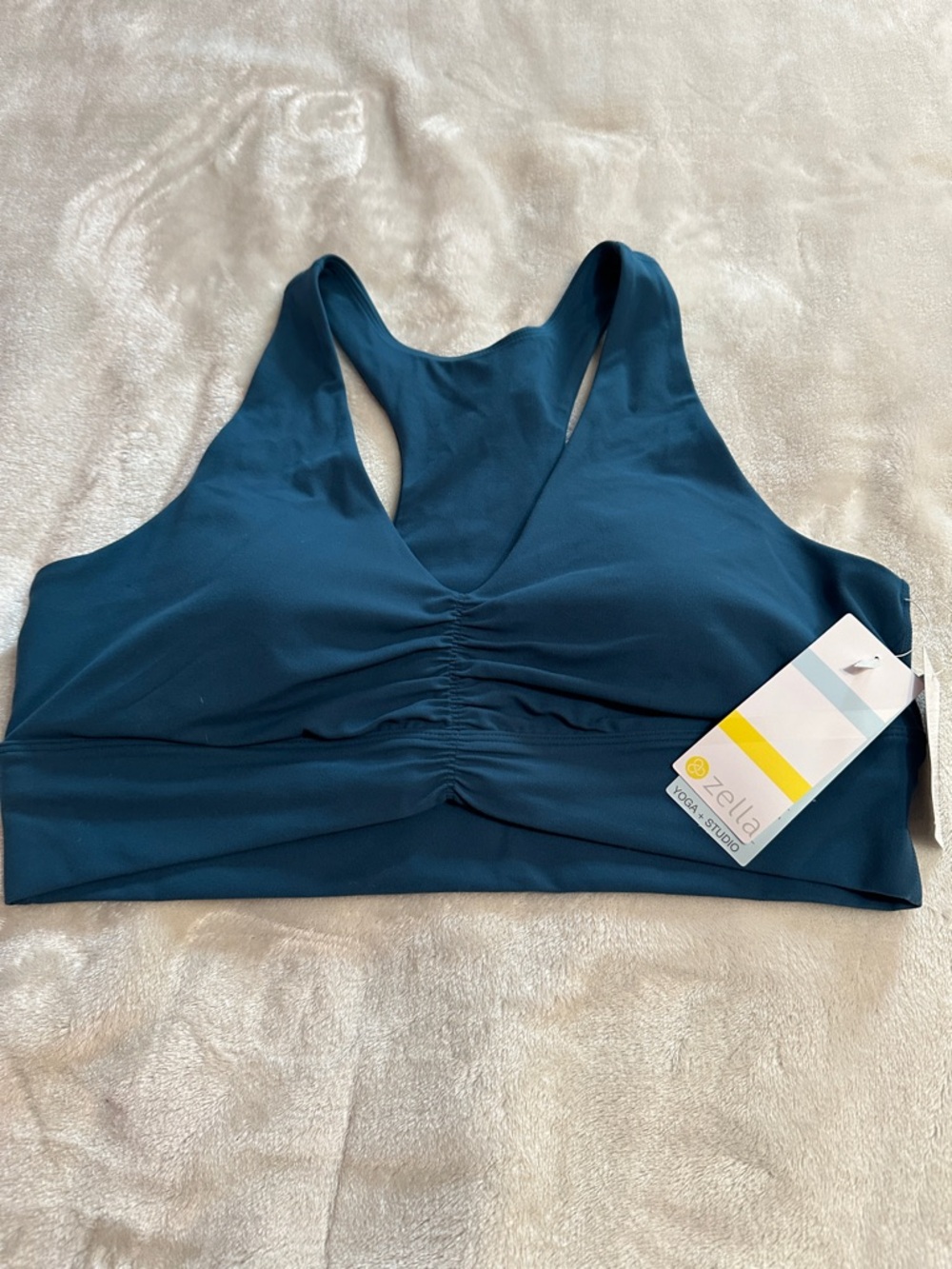 Zella Teal Ruched V-Neck Racerback Sports Bra
